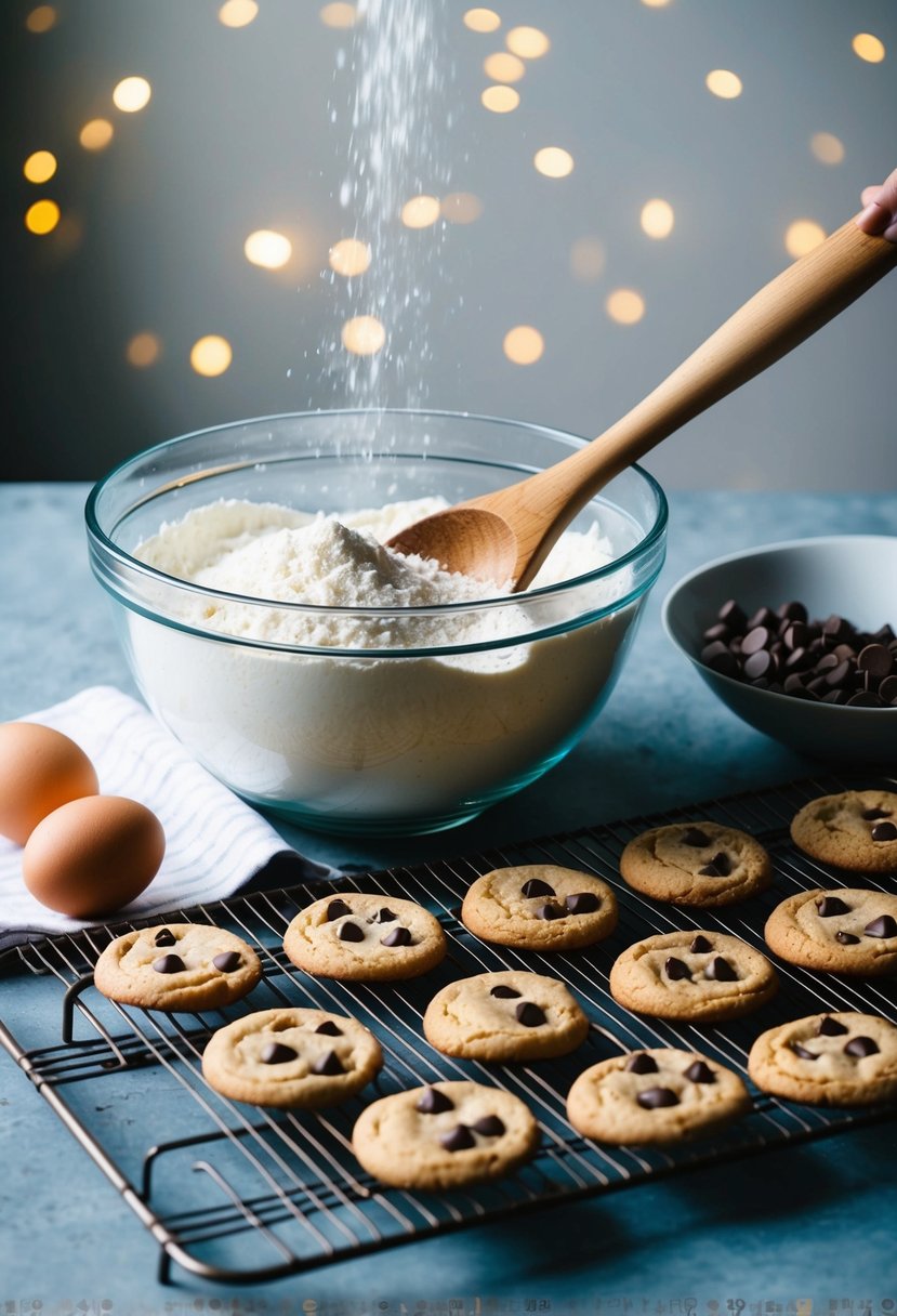 A mixing bowl with flour, sugar, eggs, and chocolate chips. A wooden spoon stirring the ingredients. A tray of freshly baked cookies cooling on a rack