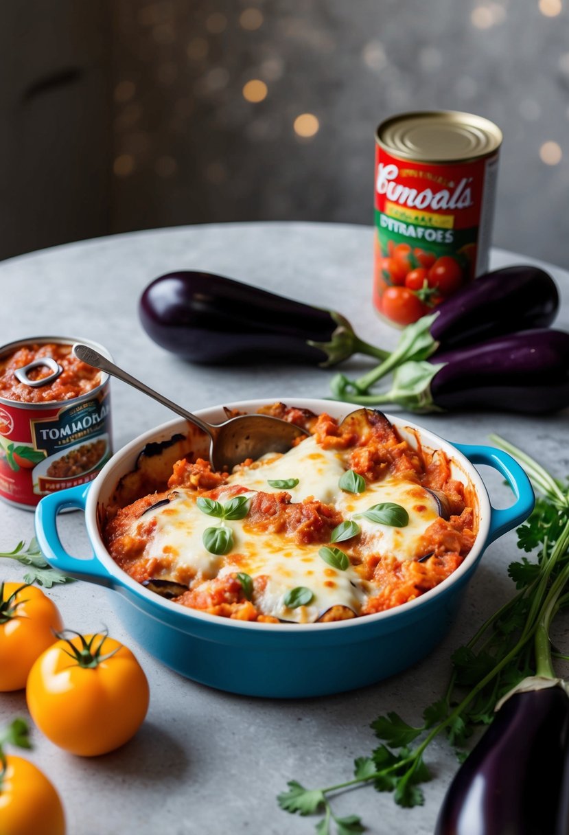 A table with a bubbling casserole dish of eggplant parmesan surrounded by fresh eggplants and a can of strained tomatoes