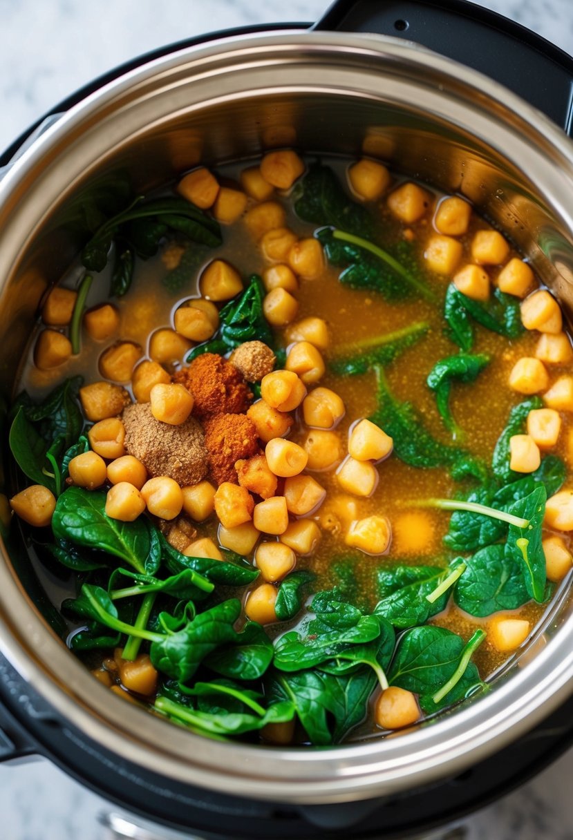 A colorful array of fresh chickpeas, spinach, and aromatic spices simmering in a bubbling instant pot