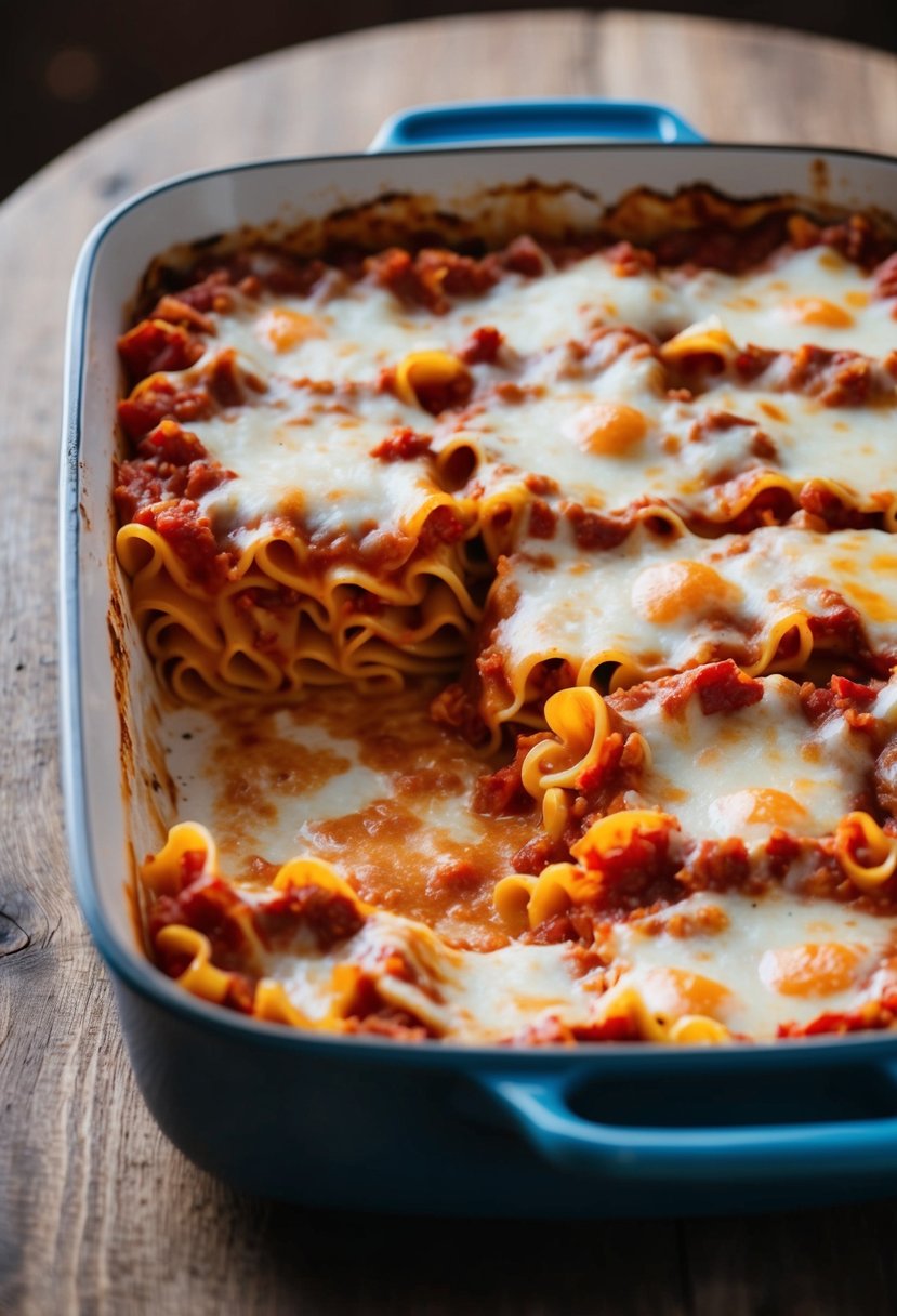 A bubbling lasagna dish with layers of pasta, tomato sauce, and melted cheese in a baking dish on a wooden table