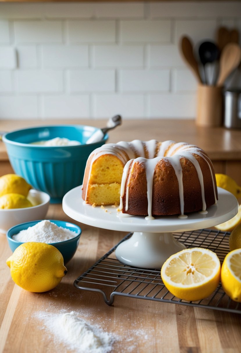 A wooden kitchen counter with a mixing bowl, lemons, flour, sugar, and a freshly baked lemon pound cake on a cooling rack