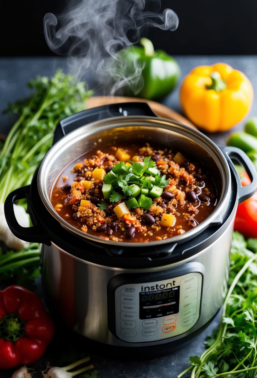 A steaming instant pot filled with quinoa and black bean chili, surrounded by fresh vegetables and herbs