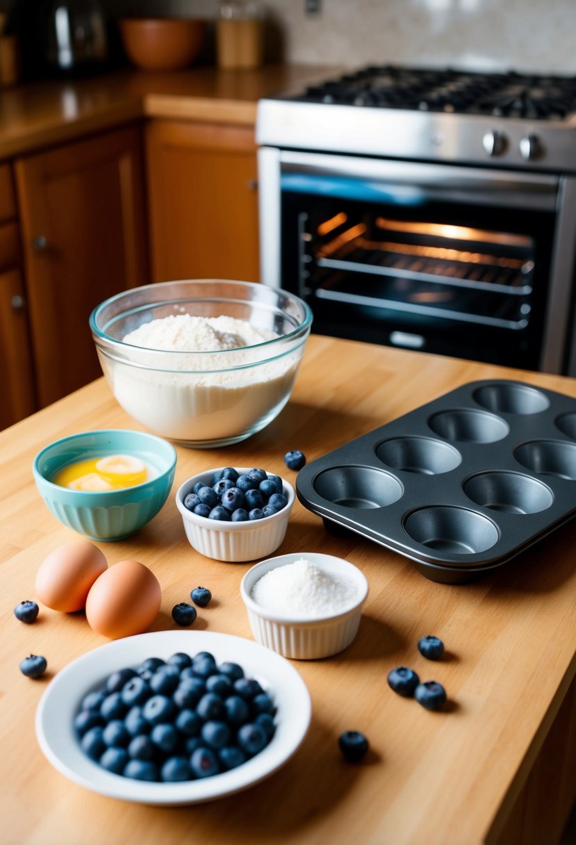 A table with fresh blueberries, flour, sugar, and eggs. A mixing bowl and a muffin tin on the counter. A warm oven in the background