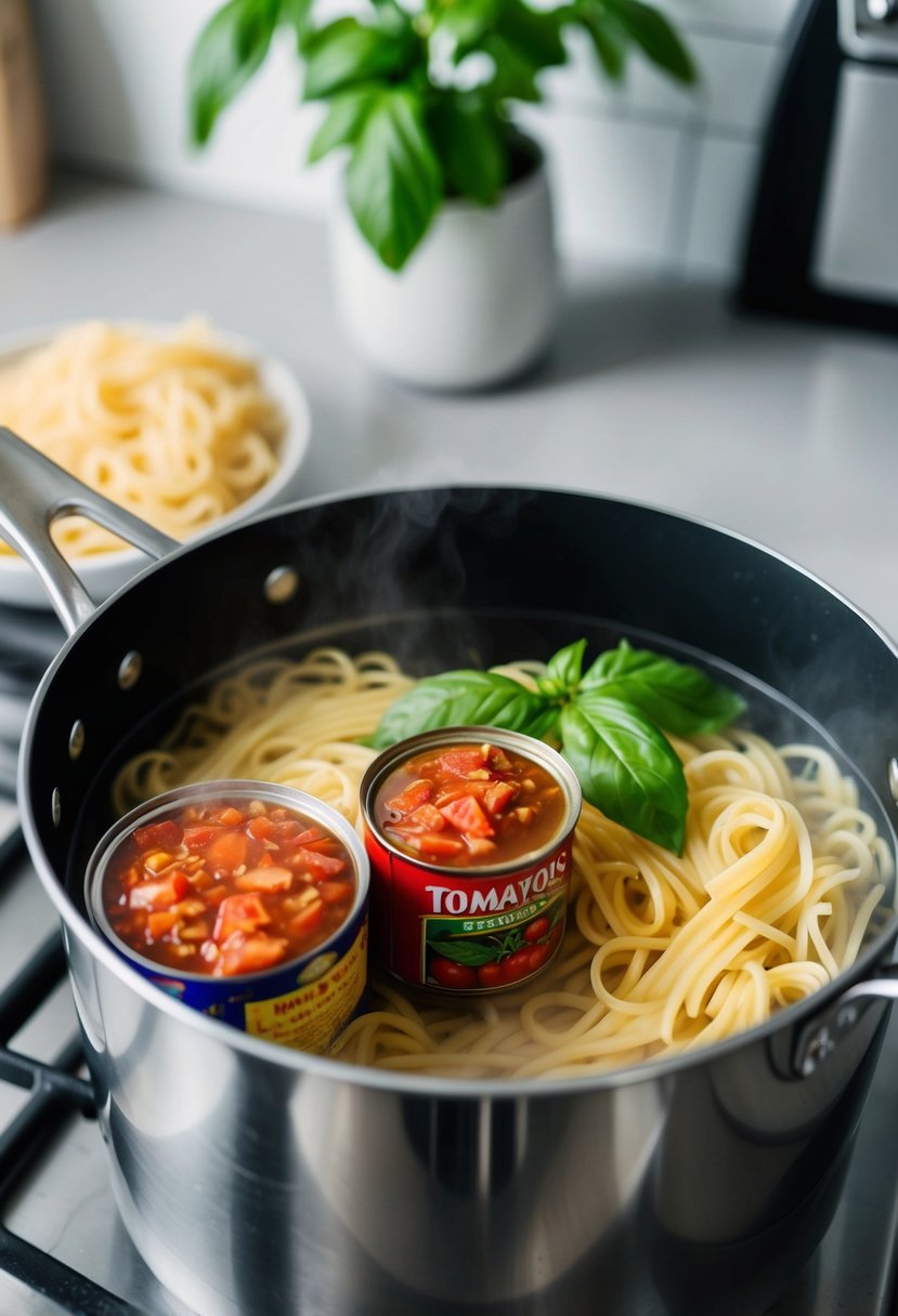 A pot of boiling water with pasta, a can of strained tomatoes, and fresh basil leaves on a kitchen counter