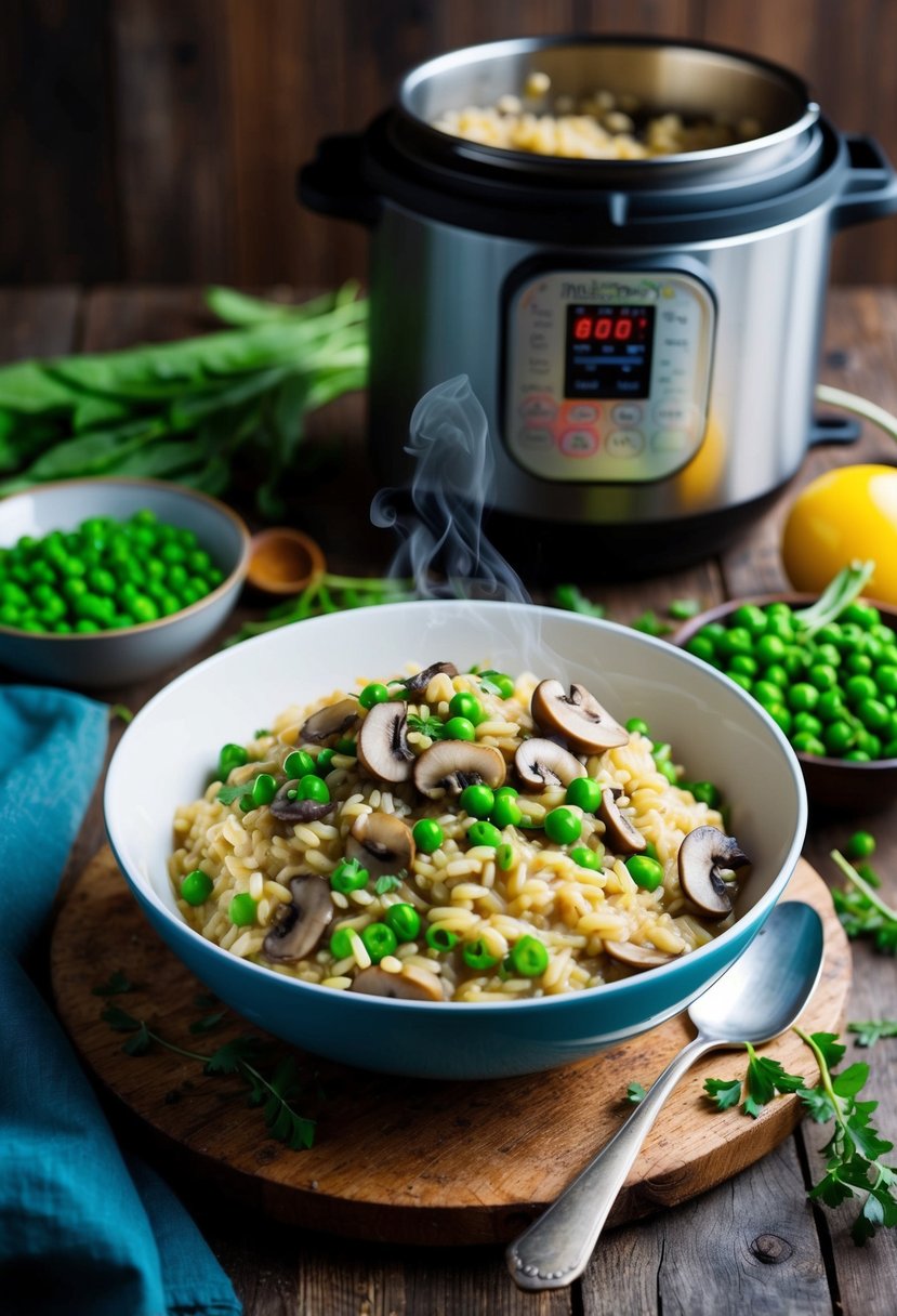 A steaming bowl of mushroom risotto with peas sits on a rustic wooden table, surrounded by fresh ingredients and an Instant Pot