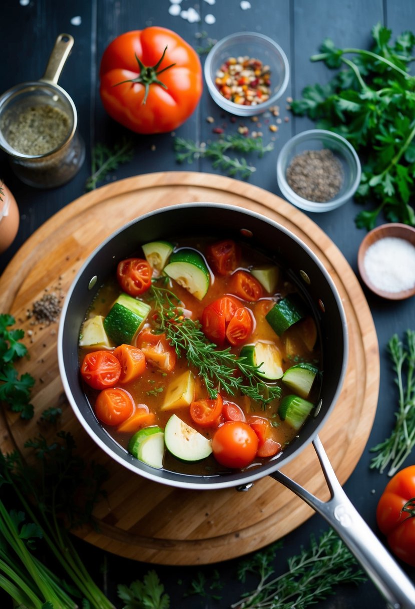 A pot simmering with fresh vegetables and strained tomatoes, surrounded by various herbs and spices on a wooden cutting board