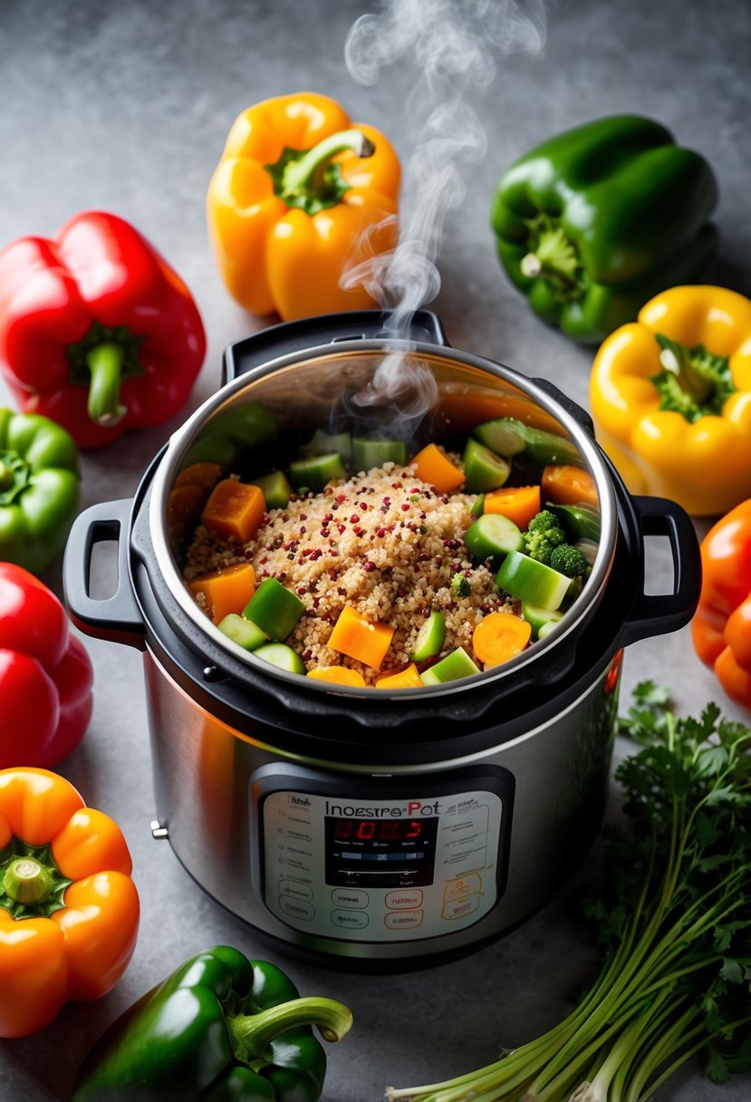 Fresh bell peppers, quinoa, and vegetables arranged around an Instant Pot, with steam rising from the pressure cooker