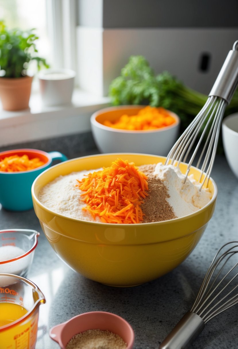 A mixing bowl filled with grated carrots, flour, sugar, and spices, surrounded by measuring cups and a whisk on a kitchen counter