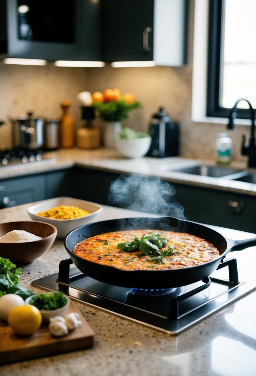 A kitchen counter with assorted ingredients and a skillet cooking shakshuka