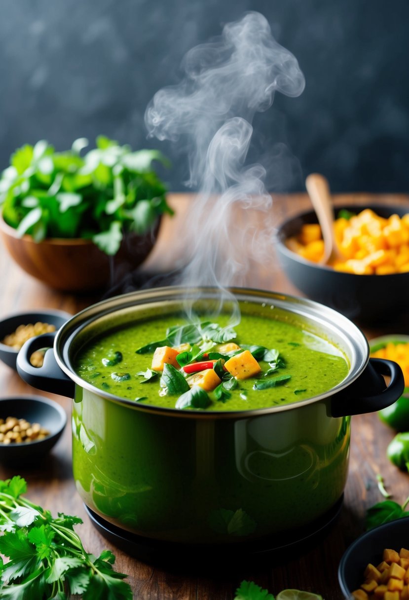 A steaming instant pot filled with vibrant green curry and an array of fresh plant-based ingredients