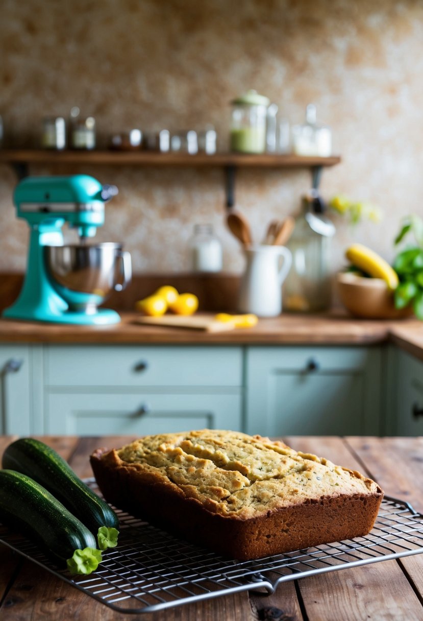 A rustic kitchen with a vintage mixer, fresh zucchinis, and a loaf of zucchini bread cooling on a wire rack