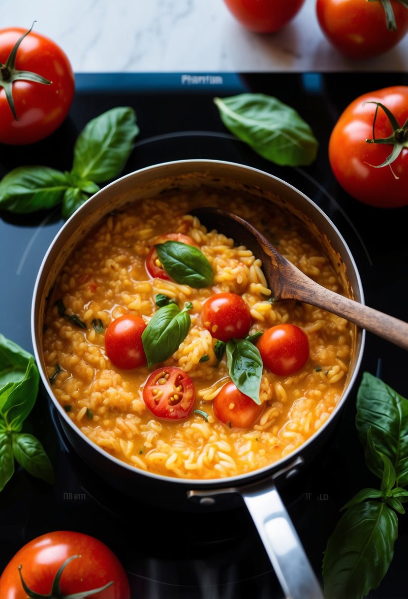 A pot of creamy tomato risotto simmering on a stovetop, surrounded by fresh tomatoes, basil leaves, and a wooden spoon