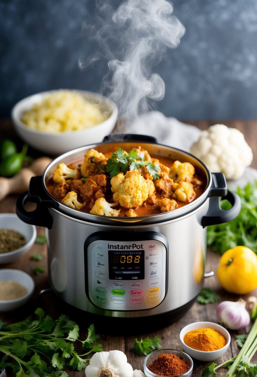 A steaming instant pot filled with plant-based cauliflower tikka masala, surrounded by fresh ingredients and spices