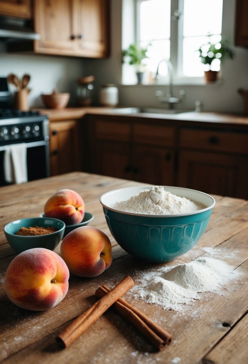 A rustic kitchen with a vintage mixing bowl, fresh peaches, flour, and cinnamon on a wooden table