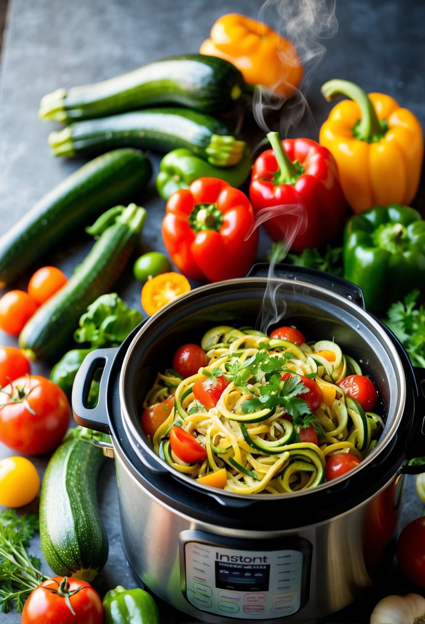 A colorful array of fresh zucchini, tomatoes, bell peppers, and herbs arranged around an Instant Pot, with steam rising from a bowl of zucchini noodle primavera