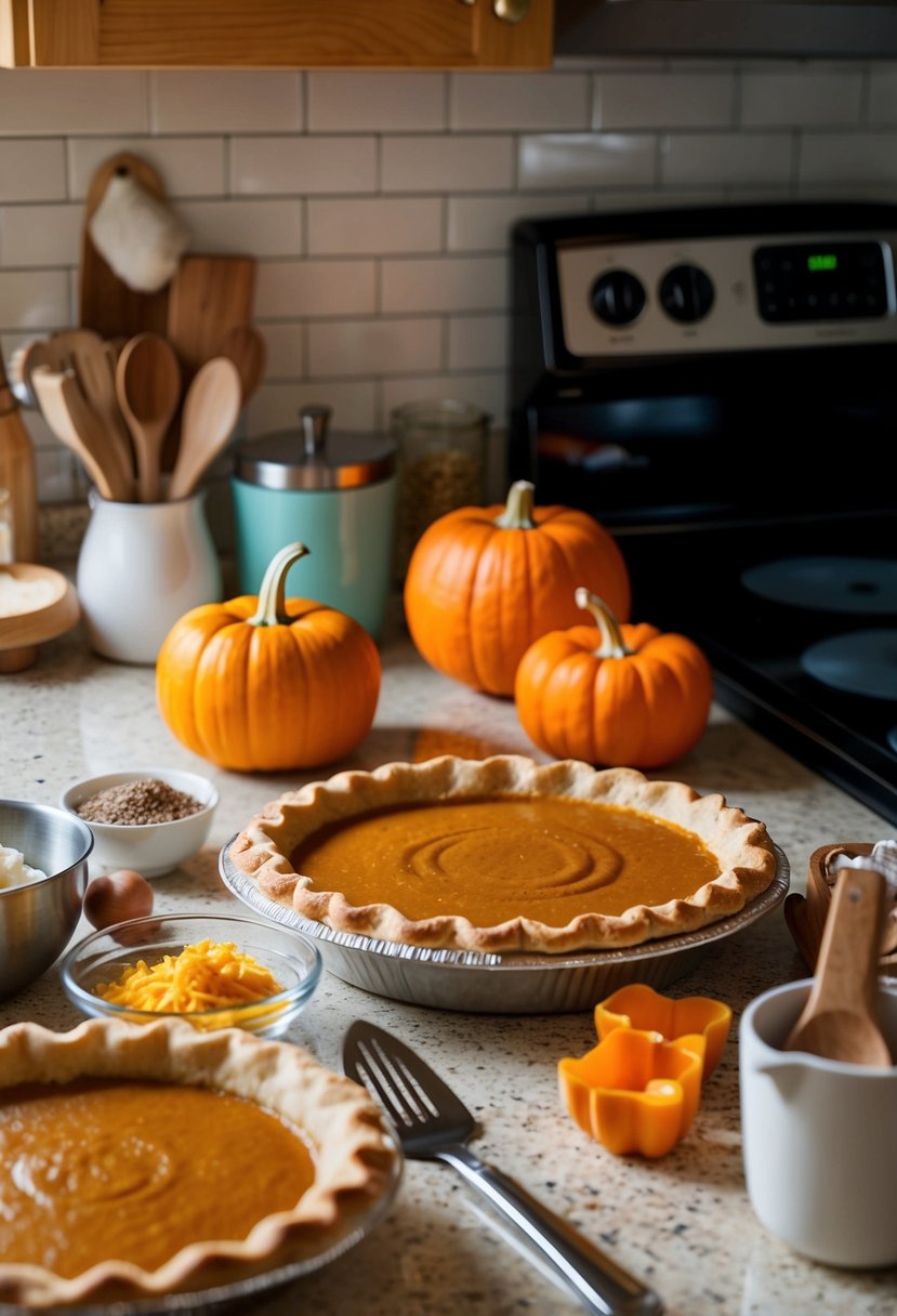 A kitchen counter with ingredients and utensils for making pumpkin pie