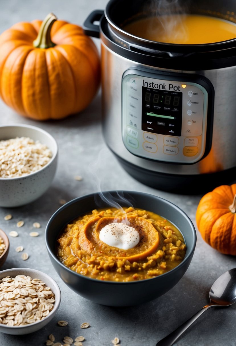 A steaming bowl of pumpkin oatmeal sits next to a modern instant pot, surrounded by fresh ingredients like oats, pumpkin, and plant-based milk