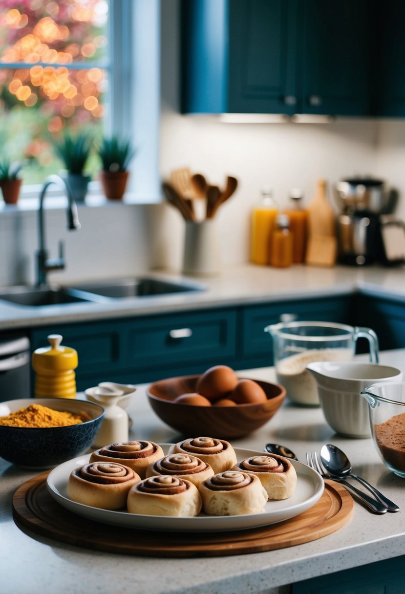 A kitchen counter with ingredients and utensils for making cinnamon rolls