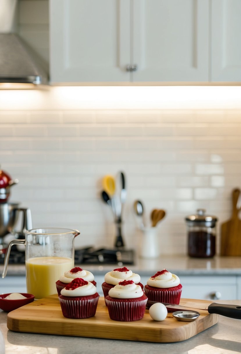 A kitchen counter with ingredients and tools for making red velvet cupcakes