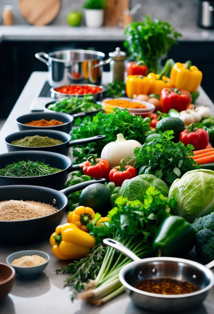 A colorful array of fresh vegetables, herbs, and spices arranged on a kitchen counter, alongside pots and pans ready for cooking