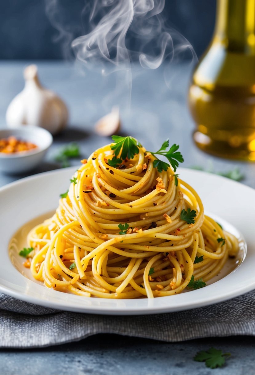 A steaming plate of spaghetti with garlic, olive oil, and red pepper flakes, garnished with fresh parsley