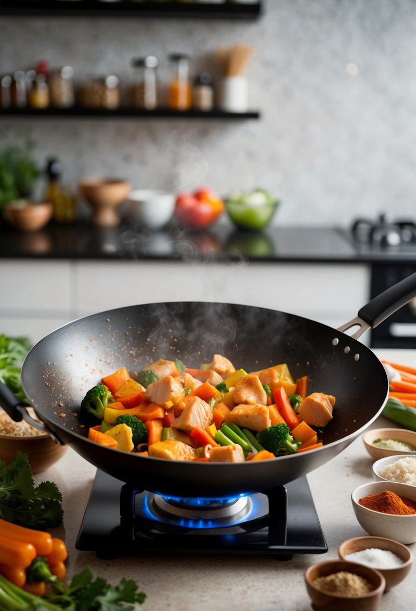 A sizzling wok filled with colorful vegetables and chunks of tender chicken, surrounded by a variety of fresh ingredients and spices on a kitchen counter