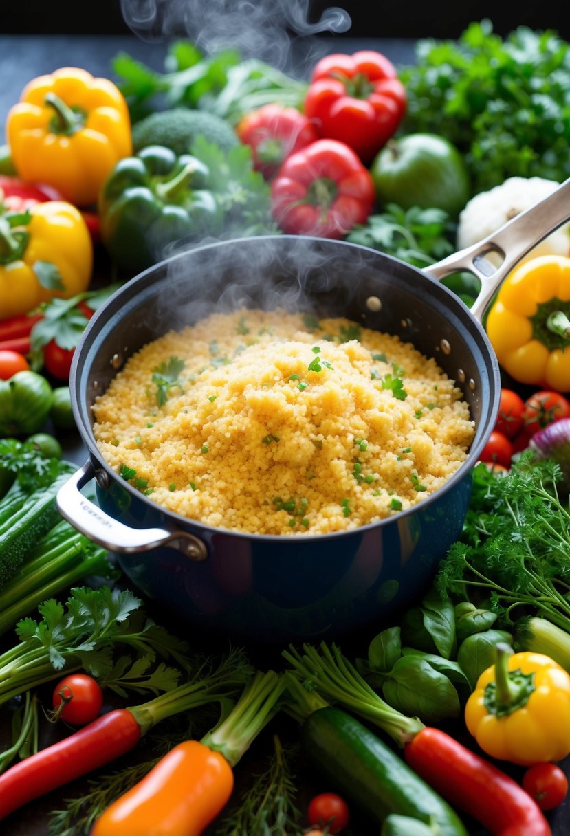 A colorful array of fresh vegetables, herbs, and spices surrounding a steaming pot of fluffy couscous, ready to be mixed and served