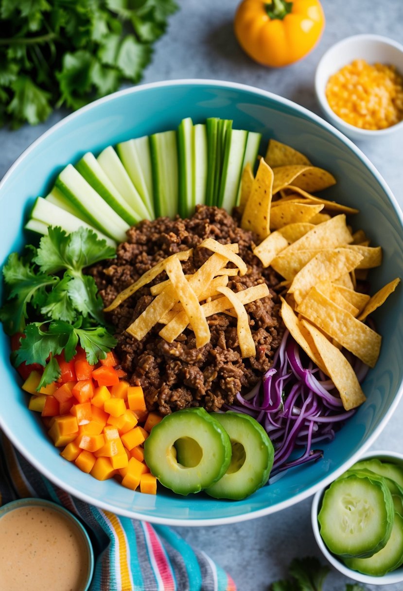 A colorful array of fresh vegetables, seasoned ground beef, crunchy tortilla strips, and zesty dressing arranged in a large bowl