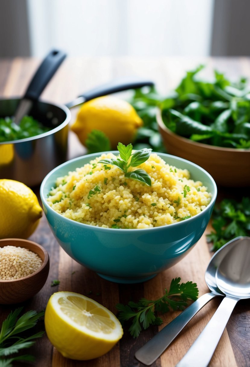 A bowl of lemon herb couscous surrounded by fresh ingredients and cooking utensils