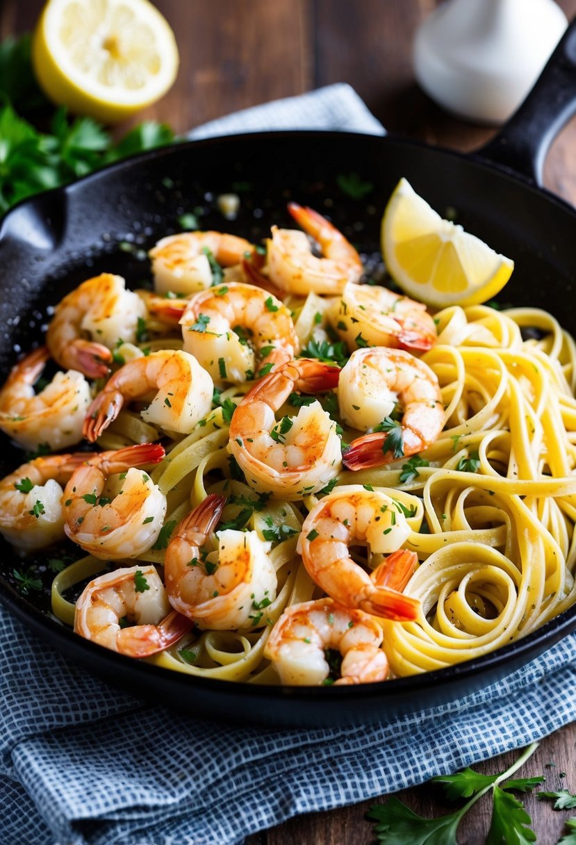 A sizzling skillet of shrimp scampi with garlic, butter, and herbs, served alongside a bed of linguine pasta. A lemon wedge and freshly chopped parsley garnish the dish