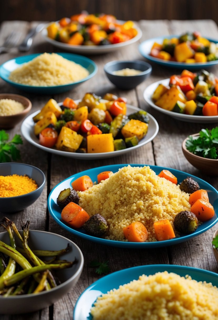 A colorful array of roasted vegetables and fluffy couscous arranged on a rustic wooden table