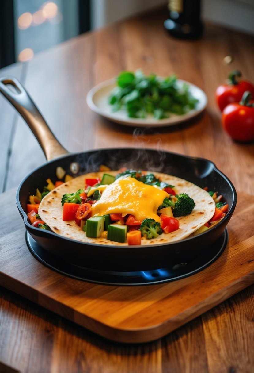 A sizzling skillet with colorful vegetables and cheese melting between tortillas