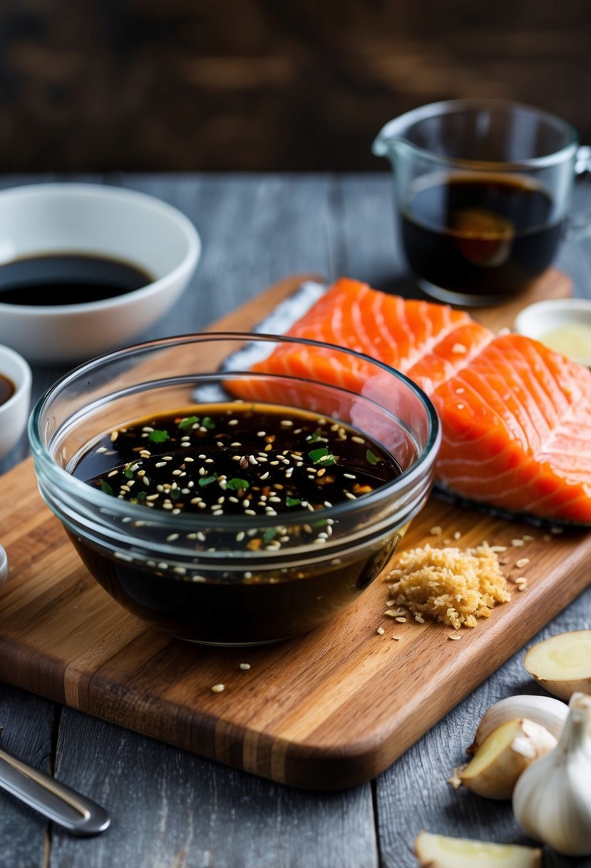 A glass bowl filled with teriyaki marinade, a piece of raw salmon, and various ingredients such as soy sauce, ginger, and garlic scattered on a wooden cutting board