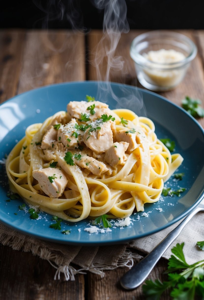 A steaming plate of creamy Chicken Alfredo with fettuccine, garnished with freshly grated parmesan and chopped parsley, sits on a rustic wooden table