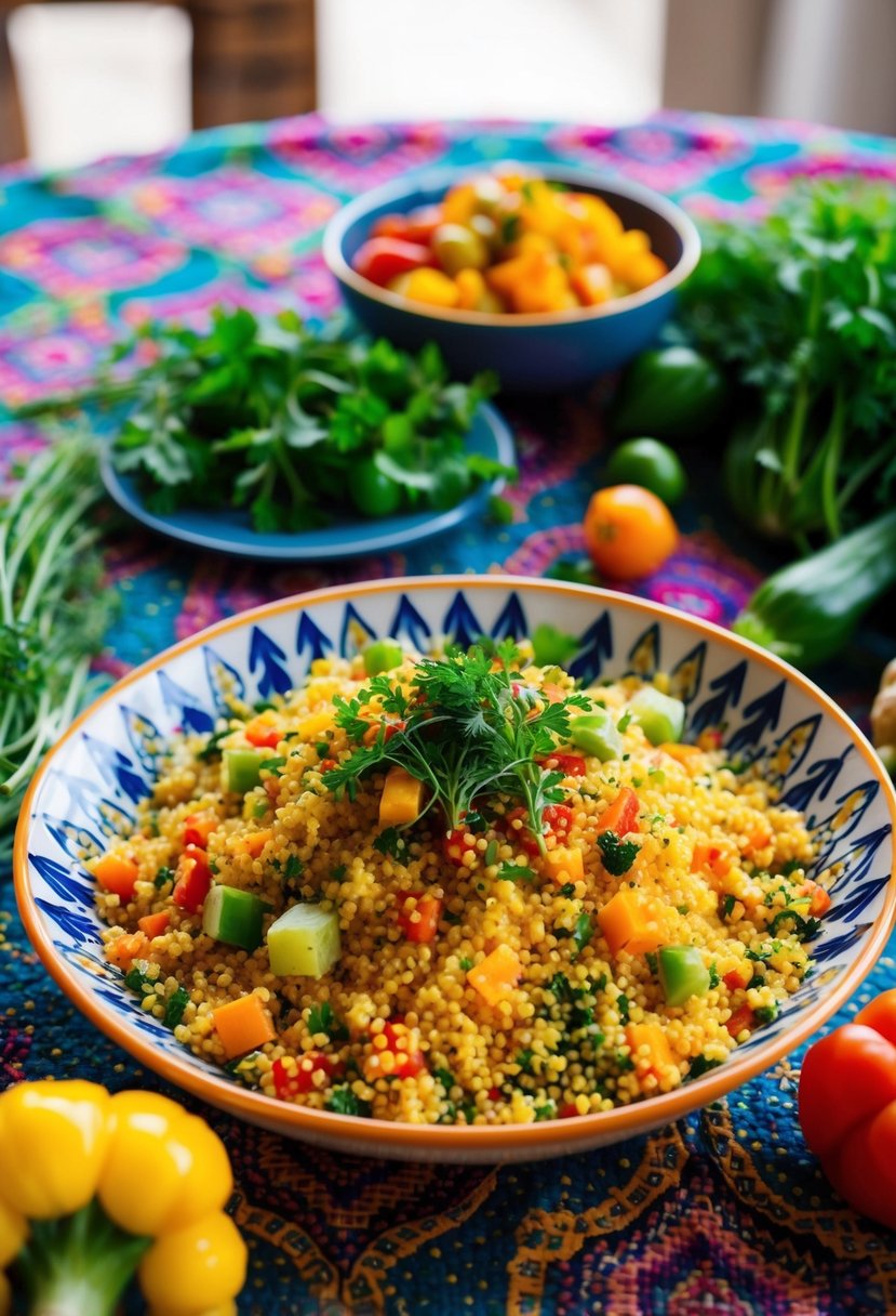 A colorful spread of Moroccan-spiced couscous, surrounded by vibrant vegetables and aromatic herbs, on a patterned tablecloth