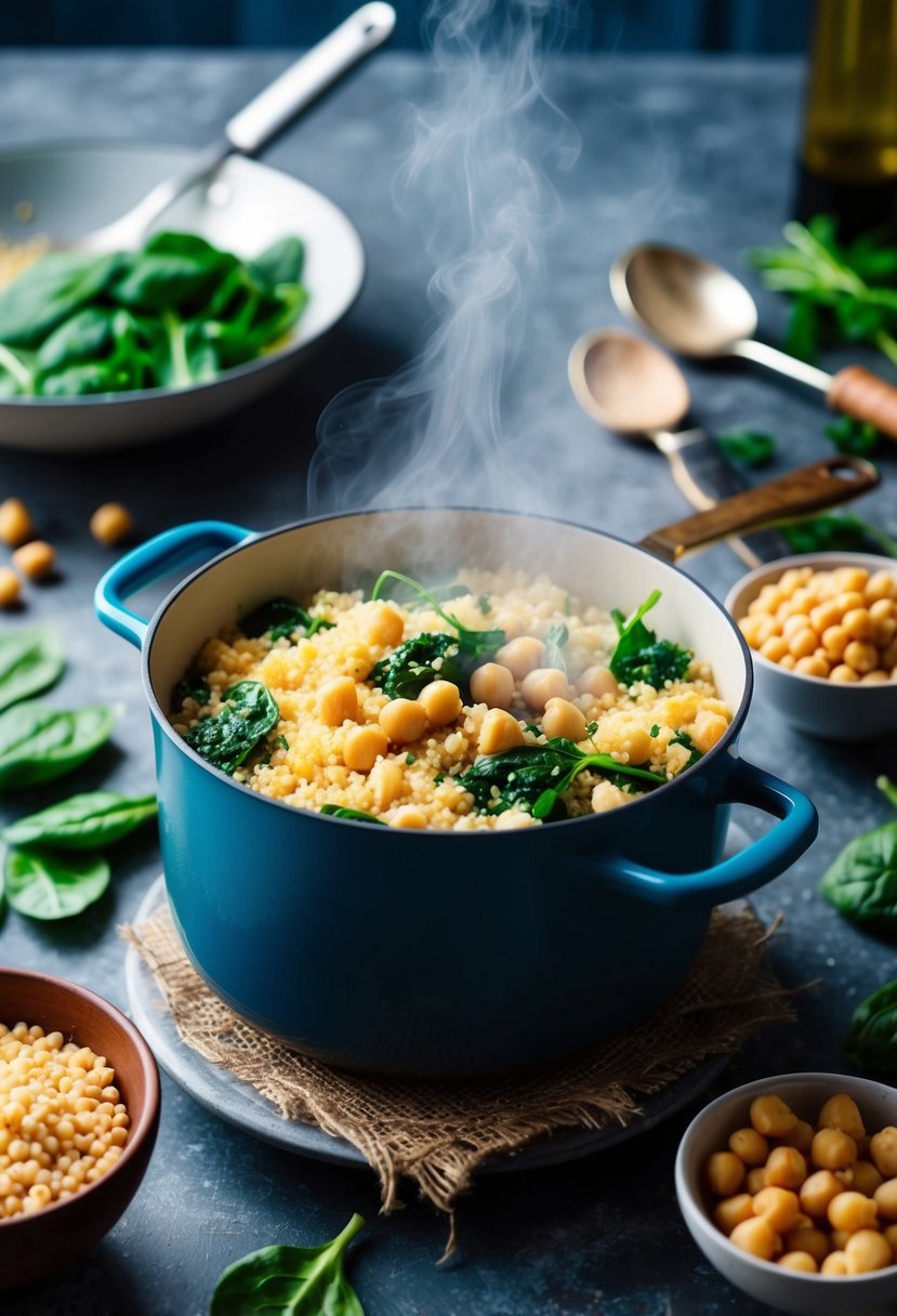 A steaming pot of couscous with chickpeas and spinach, surrounded by fresh ingredients and cooking utensils on a rustic kitchen counter