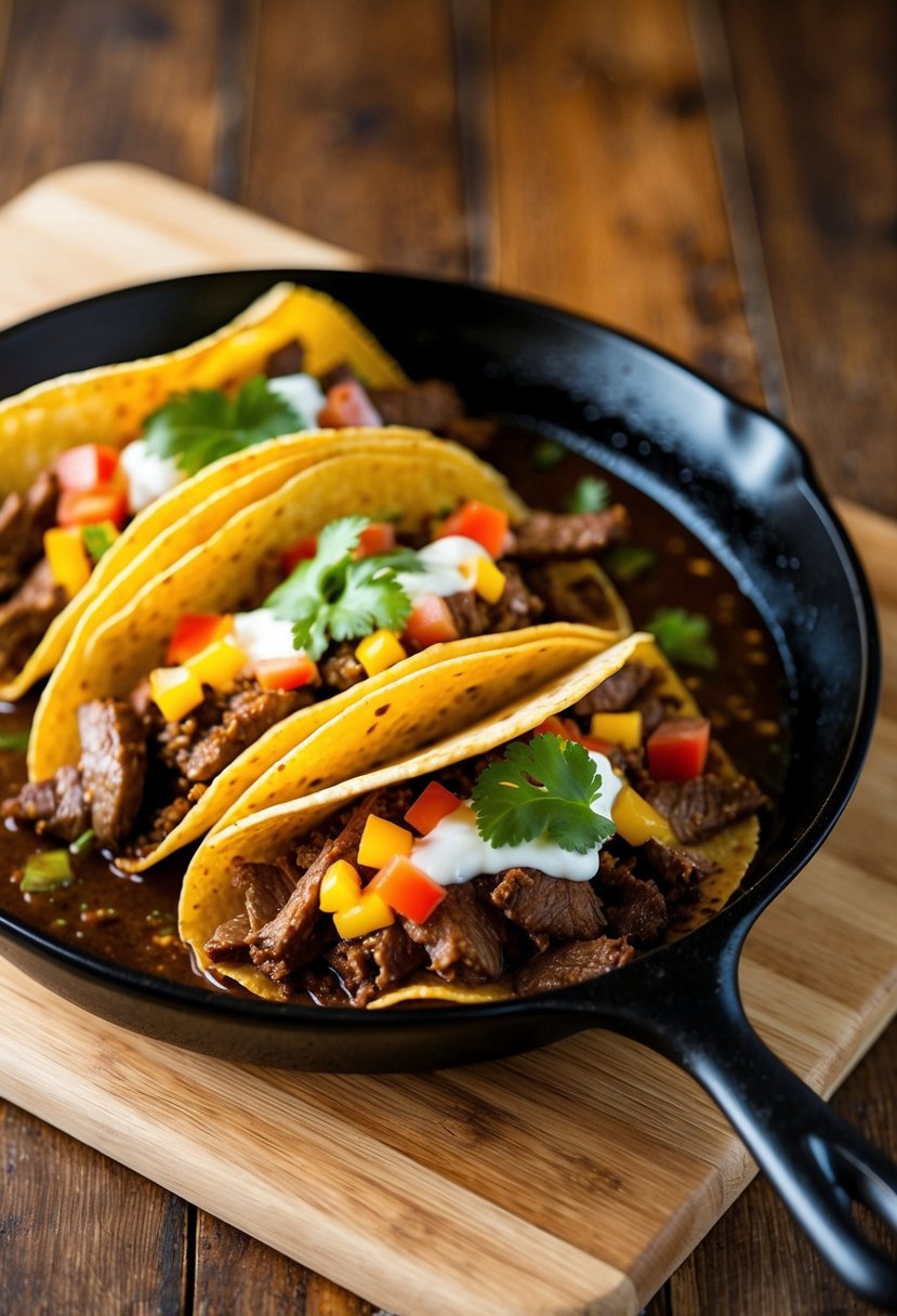 A sizzling skillet of beef tacos with colorful toppings on a wooden table