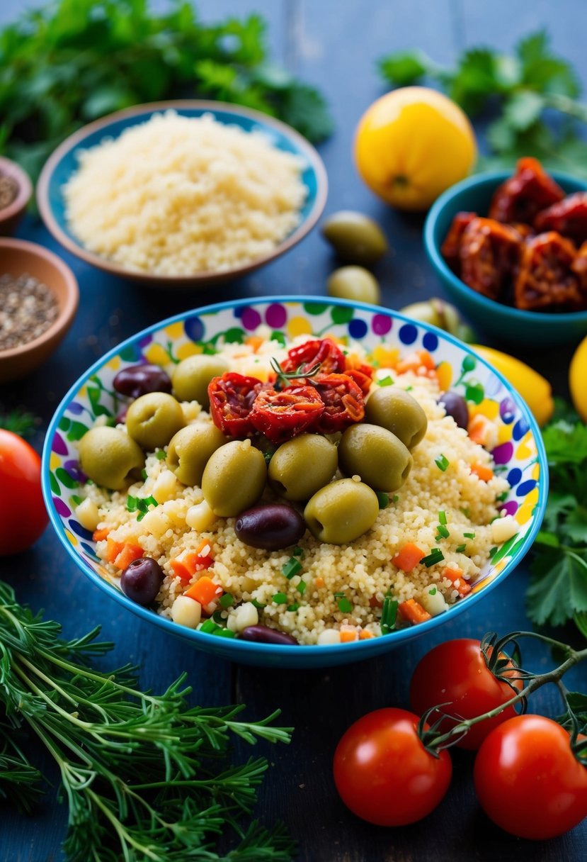 A colorful bowl of couscous with olives and sundried tomatoes, surrounded by vibrant Mediterranean ingredients