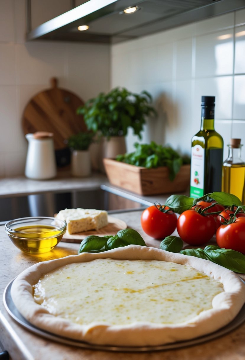 A kitchen counter with ingredients for Margherita pizza: tomatoes, mozzarella, basil, olive oil, and a rolled-out pizza dough on a baking sheet