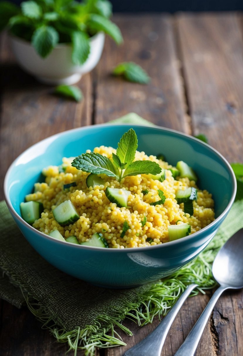 A vibrant bowl of vegan couscous salad with diced cucumber and fresh mint leaves, sitting on a rustic wooden table