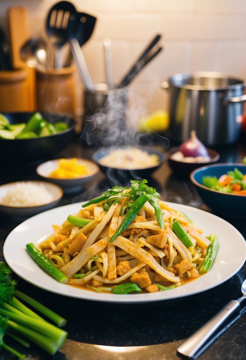 A steaming plate of Pad Thai surrounded by fresh ingredients and cooking utensils on a kitchen counter