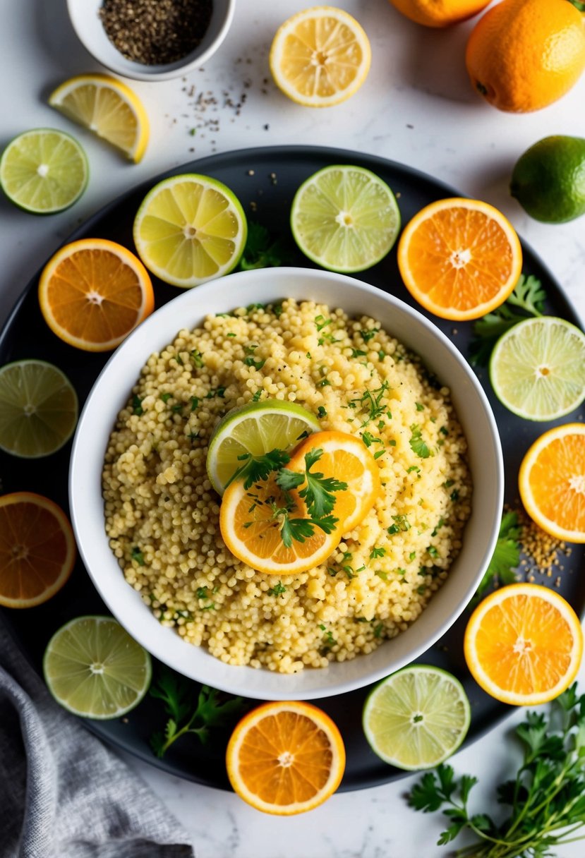 A vibrant bowl of zesty citrus couscous surrounded by fresh lemon, lime, and orange slices, with a scattering of colorful herbs and spices