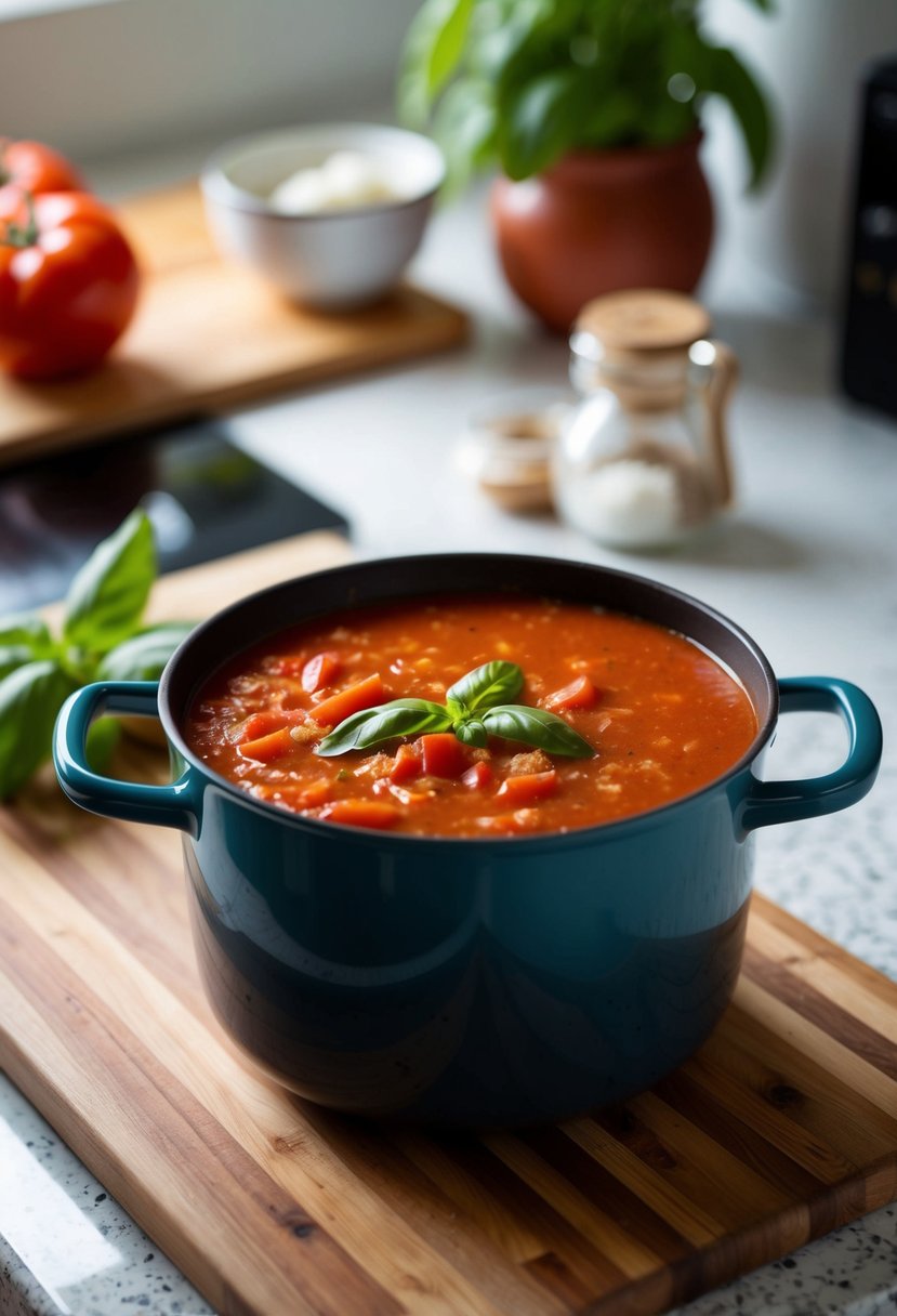 A pot of simmering tomato basil soup with fresh ingredients on a kitchen counter