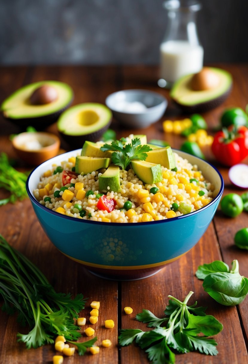 A colorful bowl of couscous salad with avocado, corn, and various vegetables, placed on a wooden table with fresh ingredients scattered around