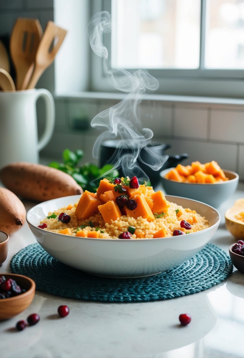 A steaming bowl of couscous with sweet potatoes and cranberries, surrounded by fresh ingredients and cooking utensils on a clean kitchen counter