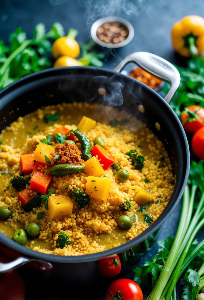 A steaming pot of curry couscous surrounded by vibrant vegetables and aromatic spices