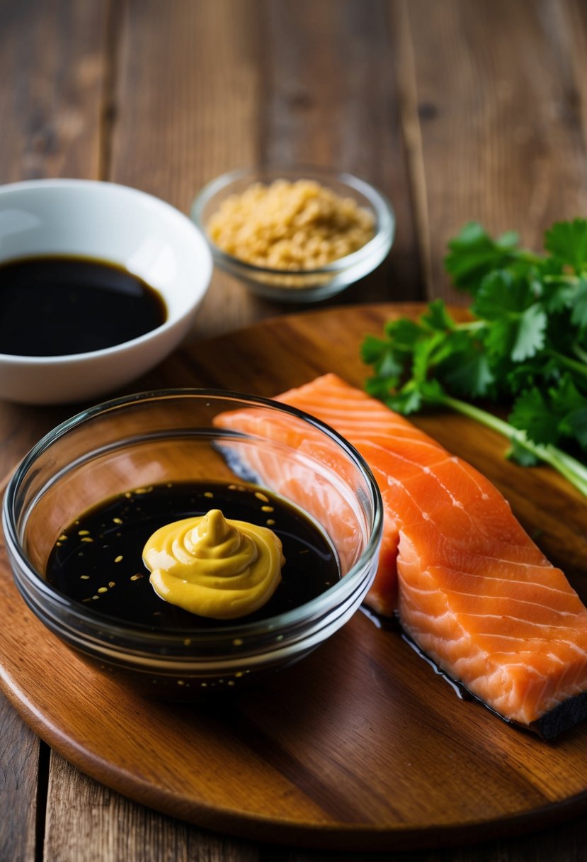 A glass bowl filled with teriyaki marinade ingredients, including mustard and mirin, sits on a wooden tabletop beside a fresh salmon fillet