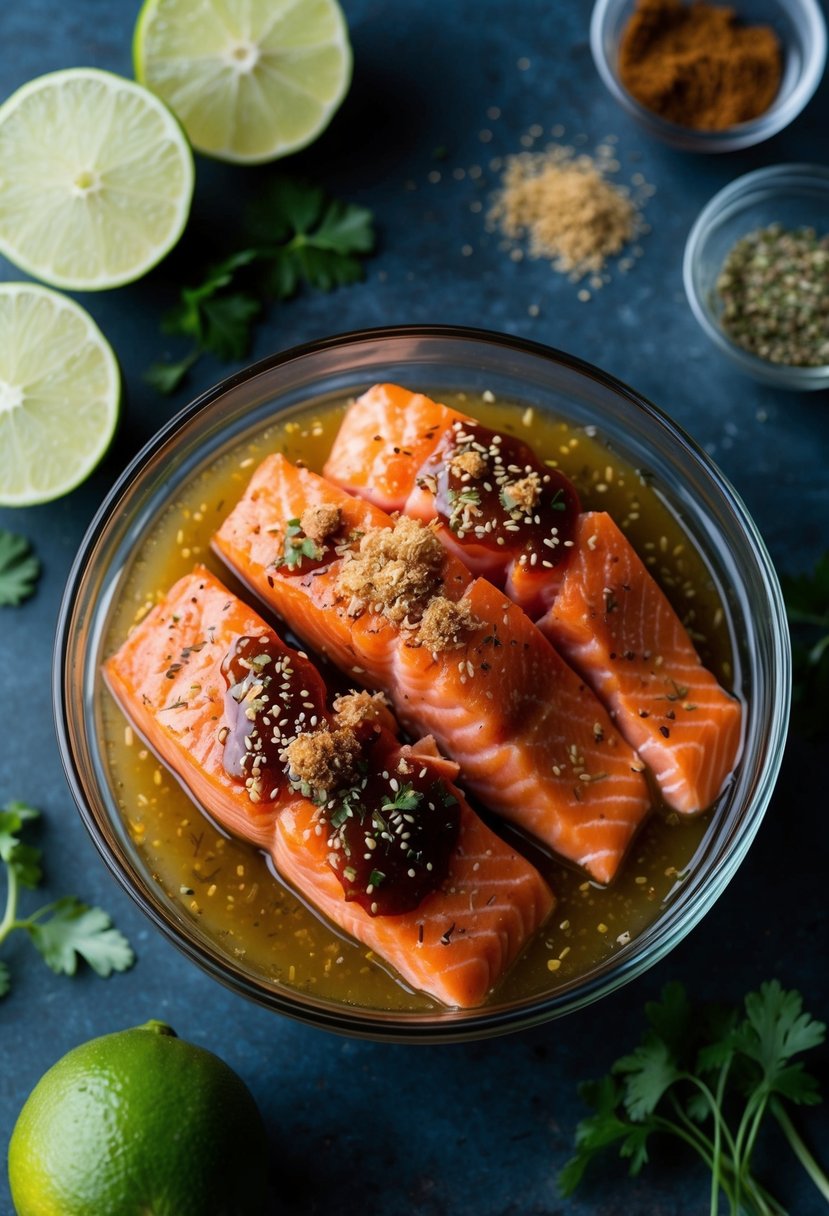 A glass bowl filled with lime juice, brown sugar, and teriyaki sauce, surrounded by fresh salmon fillets and a scattering of herbs and spices