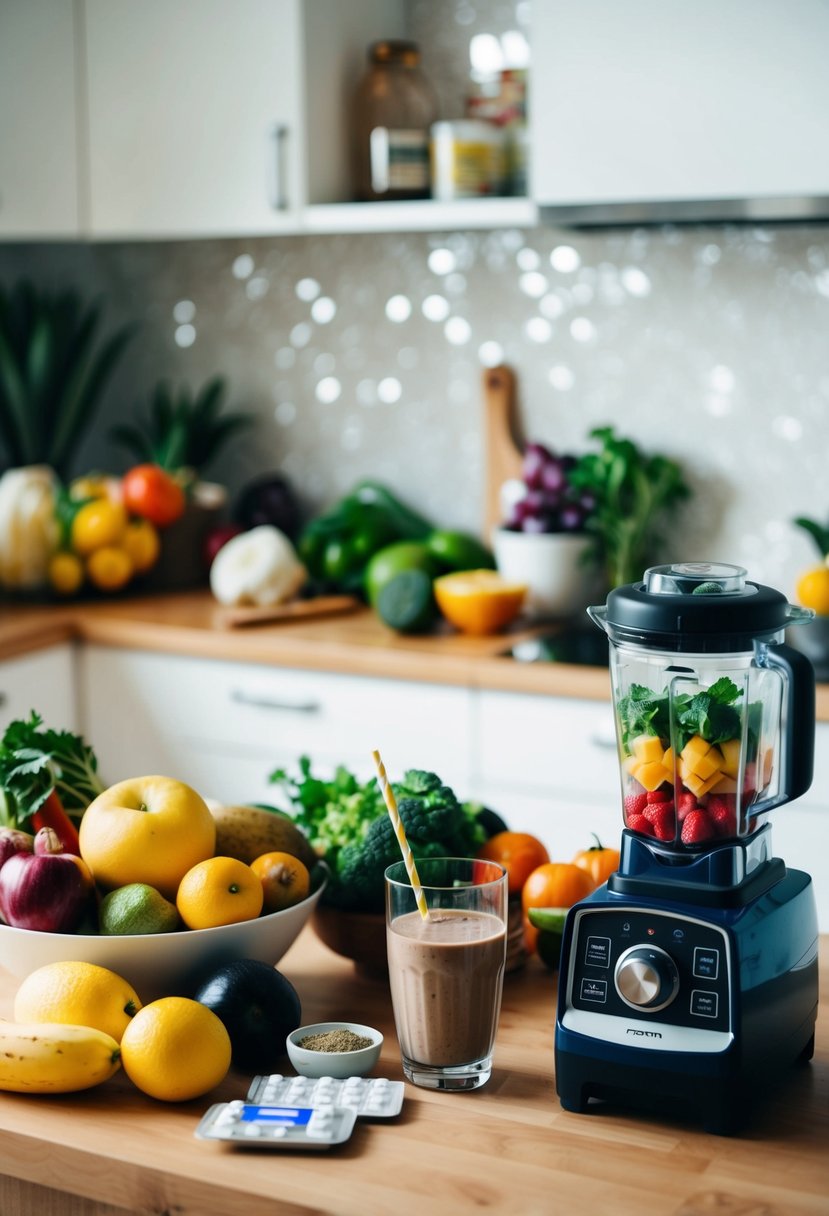 A kitchen counter with various fruits, vegetables, and a blender, with a glass of smoothie and a bottle of pain relief medication nearby