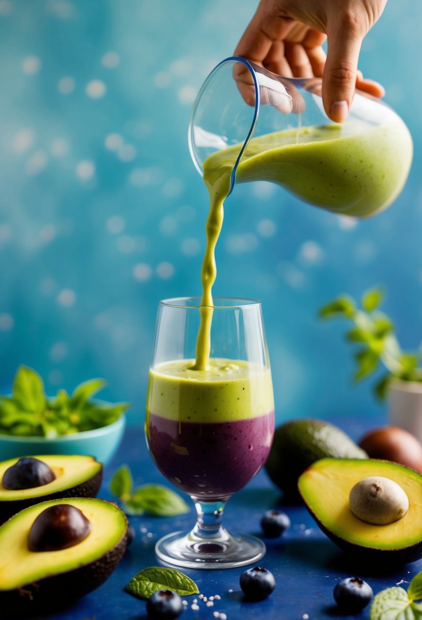 A vibrant blueberry and avocado smoothie being poured into a glass, surrounded by fresh ingredients and a calming, serene backdrop